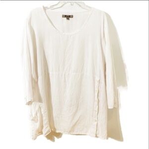 Flax 3/4 Sleeve Pullover Tunic Length Blouse Front Buttons Loose Fit Scoop Neck